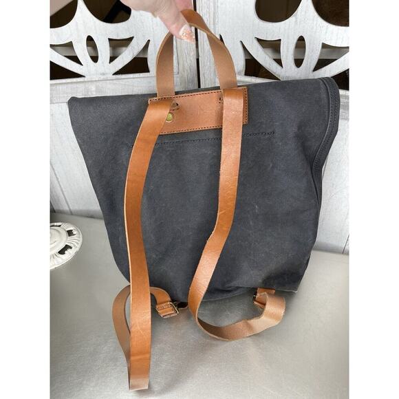 Madewell Black Navy Canvas Brown Leather Straps Backpack Bag Minimalist Boho - Picture 3 of 8